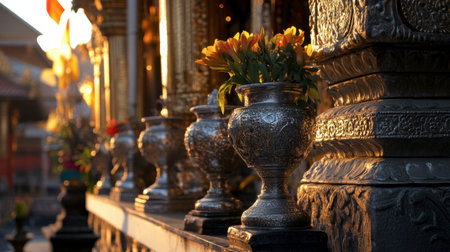 This image captures stunning floral arrangements in ornate vases, beautifully illuminated by warm sunlight, creating a serene and tranquil atmosphere.の素材