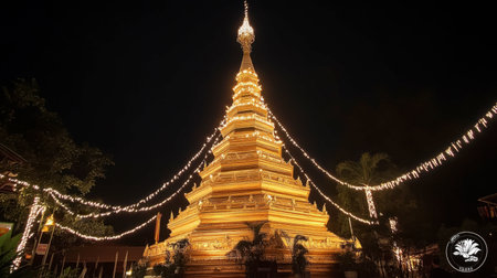 A stunning golden pagoda illuminated at night, showcasing intricate architectural design and serene ambiance, perfect for capturing the essence of spirituality and culture.の素材