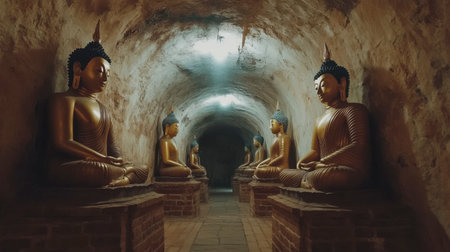 A tranquil corridor lined with golden Buddha statues in a dimly lit cave, showcasing a serene blend of spirituality, history, and architectural beauty.の素材