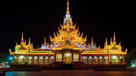 Stunning golden temple illuminated at night showcases intricate architecture and vibrant colors. Perfect for representing culture, spirituality, and beauty in travel themes.の素材