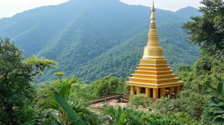 A stunning golden pagoda perched on a hillside, surrounded by lush green mountains. This serene landscape captures the essence of tranquility and spirituality, inviting exploration and reflection.の素材