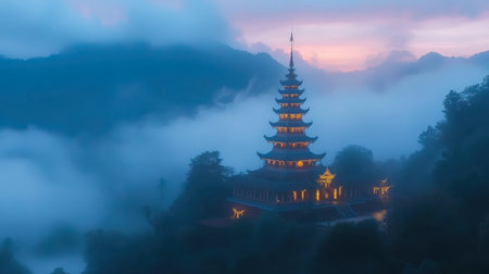 A tranquil pagoda rises above misty mountains at dusk, illuminating the surroundings with warm light. This serene landscape captures the essence of peace and spirituality.の素材