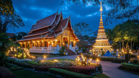A tranquil evening scene of a Thai temple illuminated by soft lights, surrounded by lush gardens. This serene setting captures the rich cultural heritage of Thailand.の素材