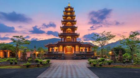 Majestic pagoda illuminated at dusk, showcasing exquisite architecture in a serene landscape. Lush greenery and mountains enhance this peaceful scene.の素材
