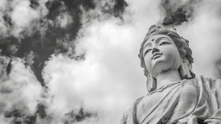 A majestic white statue stands tall against a backdrop of dramatic clouds, symbolizing peace and serenity. This tranquil scene captures the essence of spirituality and art.の素材