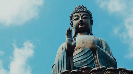 Majestic Buddha statue stands tall against a clear blue sky, embodying tranquility and spirituality, inviting reflection and meditation for all visitors.の素材