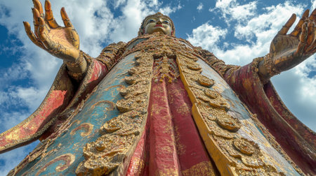 This stunning golden statue reaches towards the sky, showcasing intricate details and serene expressions, set against a backdrop of vibrant clouds.の素材