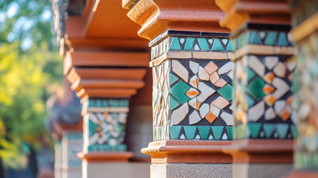 Close-up view of colorful decorative pillars showcasing intricate patterns and textures, blending art and architecture in a beautiful outdoor setting.の素材