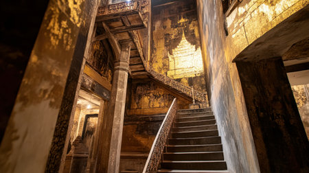 Explore a stunning staircase in an ancient building, showcasing intricate designs and textures. The play of light creates a captivating atmosphere, inviting viewers to discover its rich history.の素材