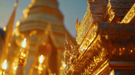 This stunning image captures the intricate golden architecture of a serene temple, highlighting its decorative elements and tranquil ambiance during sunset.の素材