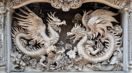 This intricate stone sculpture features two majestic dragons intertwined among beautiful floral accents, symbolizing power and elegance in art.の素材