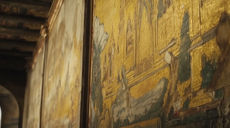 Explore the intricate details of a golden mural in a historical setting, showcasing the rich artistry and cultural heritage of the past. Perfect for art and architecture enthusiasts.の素材
