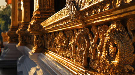 Close-up of golden ornate details on temple architecture, showcasing intricate craftsmanship and rich cultural heritage. Ideal for travel or architecture themes.の素材
