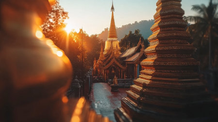 A golden temple emerges in the serene landscape at sunrise, surrounded by lush mountains and palm trees, capturing the essence of tranquility and spirituality.の素材