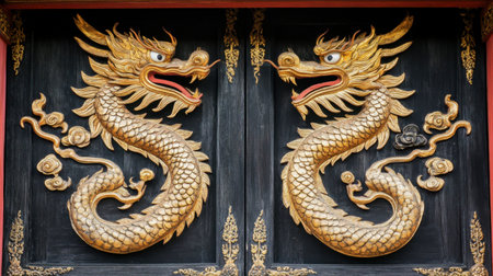 A stunning relief sculpture featuring two ornate dragons on a black background, showcasing intricate craftsmanship and vibrant gold details, perfect for cultural and decorative themes.の素材