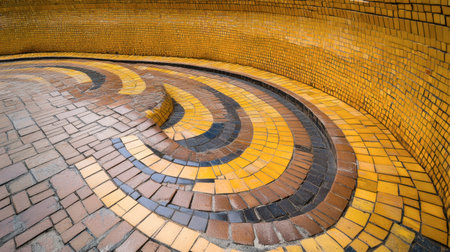 Vibrant mosaic pathway featuring a spiraling pattern of yellow and black tiles. A modern design creates an eye-catching outdoor space.の素材