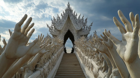 An artistic view of the White Temple's entrance in Thailand, featuring intricate hands reaching upwards, creating a captivating and spiritual atmosphere.の素材