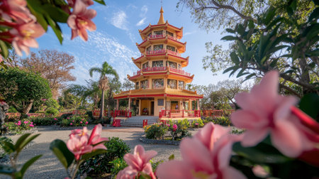 A stunning pagoda framed by vibrant flowers and lush greenery under a clear blue sky, capturing the essence of tranquility and cultural beauty in nature.の素材