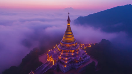 Majestic temple rising above misty mountains, beautifully illuminated at dawn. This serene landscape captures tranquility and spiritual essence.の素材