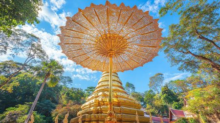 Stunning golden temple with a beautifully ornate umbrella, surrounded by lush greenery and blue skies, embodies cultural heritage and tranquility.の素材