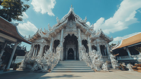 Experience the majestic beauty of a stunning white temple in Thailand, featuring intricate designs and serene surroundings, perfect for cultural exploration.の素材