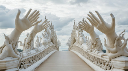 A stunning artistic bridge featuring numerous white hands reaching upward, surrounded by a cloudy sky. This unique structure invites contemplation and reflection.の素材