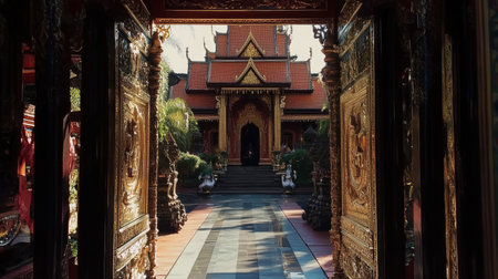 This image captures a serene entrance to a stunning Thai temple, showcasing intricate details and lush surroundings, perfect for travel and culture themes.の素材