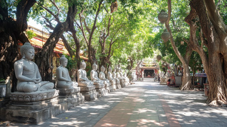A peaceful pathway lined with serene Buddha statues surrounded by lush green trees, creating a tranquil atmosphere perfect for meditation and reflection.の素材