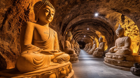 Explore the tranquil beauty of serene Buddha statues nestled in an enchanting cave passage, showcasing intricate sculptures and ambient lighting that evoke peace and spirituality.の素材