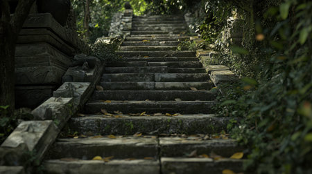 A captivating view of stone steps leading through lush greenery, inviting exploration. The serene ambiance offers a perfect escape into nature's beauty.の素材