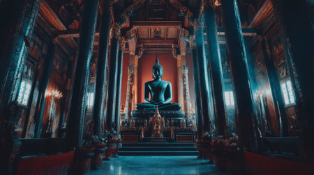 A stunning Buddha statue sits serenely in a beautifully designed temple, surrounded by intricate architecture and soft lighting, embodying peace and spirituality.の素材