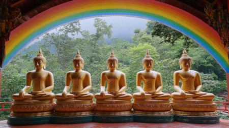 Discover a serene scene featuring five golden Buddha statues nestled under a vibrant rainbow arch, surrounded by lush greenery and tranquility.の素材