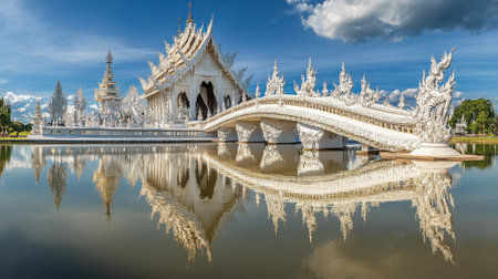 Experience the breathtaking view of a stunning white temple reflecting on calm waters, showcasing intricate architecture under a vibrant blue sky.の素材