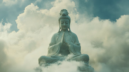 A tranquil Buddha statue rises majestically through soft clouds, embodying inner peace and spirituality. Ideal for themes of meditation and serenity.の素材