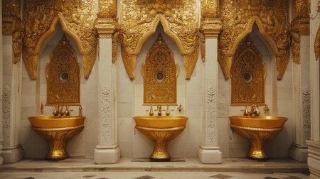 Discover the beauty of these elegant golden sinks set against lavish decor in this luxurious bathroom. A stunning blend of opulence and modern design.の素材