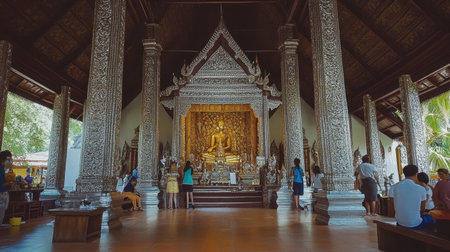 Discover the serene interior of a Buddha temple, featuring ornate architecture and calm visitors engaged in worship and reflection. A peaceful cultural experience.の素材