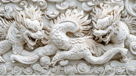 This stunning close-up showcases an intricate white dragon relief sculpture, rich in detail and artistry, highlighting Asian cultural heritage and mythology.の素材