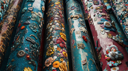 A stunning display of textile rolls adorned with colorful embellishments, flowers, and intricate designs, perfect for artistic and creative projects.の素材