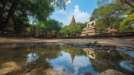 A tranquil scene showcasing a Buddha statue reflected in water, surrounded by lush trees and historic temple architecture, inviting a sense of peace and serenity.の素材