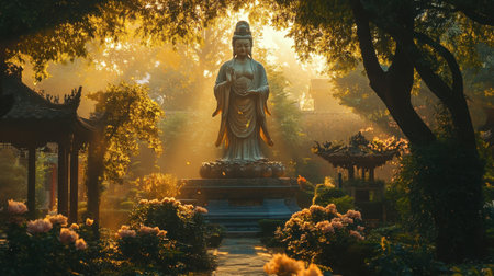 A breathtaking view of a Buddha statue surrounded by lush greenery and soft sunlight. Perfect for themes of peace, spirituality, and nature's beauty.の素材