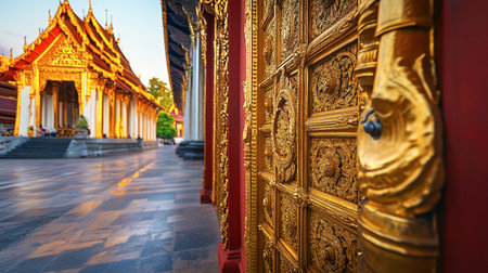 A beautiful view of a golden temple entrance, showcasing intricate details and rich colors in serene surroundings, perfect for travel and cultural themes.の素材