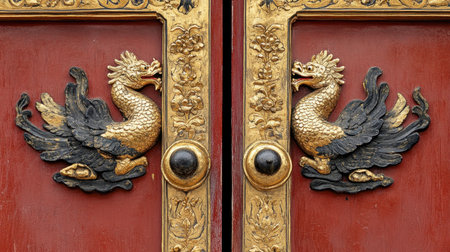 An ornate door featuring intricate gold phoenix sculptures, showcasing exquisite craftsmanship and cultural heritage, perfect for architectural designs.の素材