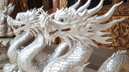 Close-up view of intricate silver dragon sculptures showcasing ornate details and craftsmanship, embodying traditional artistry and cultural significance.の素材