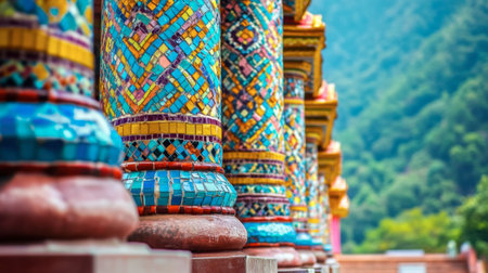 Discover the stunning details of colorful mosaic columns in a serene temple setting, highlighting vibrant designs and cultural heritage in an enchanting landscape.の素材