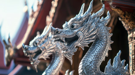 A stunning close-up of an ornate silver dragon sculpture adorning a temple, showcasing intricate craftsmanship and rich cultural heritage. Perfect for art and travel themes.の素材