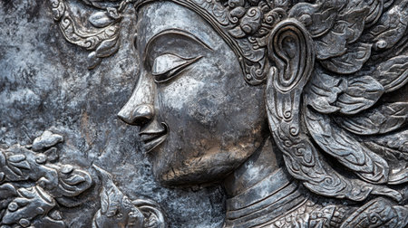 This stunning silver relief features a serene face, showcasing intricate details and craftsmanship. Perfect for capturing the essence of cultural artistry.の素材