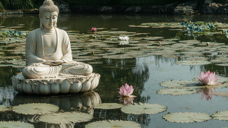 A tranquil Buddha statue sits gracefully on a lotus in a serene pond filled with water lilies, creating a peaceful and meditative atmosphere in nature.の素材