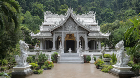 This stunning white temple, intricately designed and set in lush greenery, offers a peaceful retreat. A perfect representation of traditional Thai architecture and spirituality.の素材