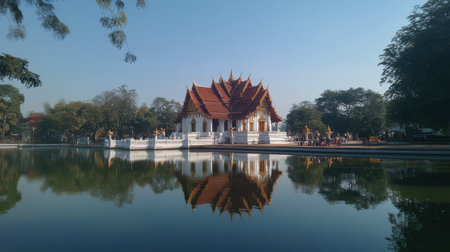 A stunning temple stands gracefully beside a calm lake, with its reflection captured in the clear water. The serene atmosphere invites tranquility, showcasing beautiful architecture and nature.の素材