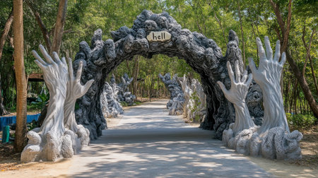 Discover a captivating archway leading to a surreal indoor art piece, featuring eerie hands and a dark theme, perfect for imaginative exploration.の素材